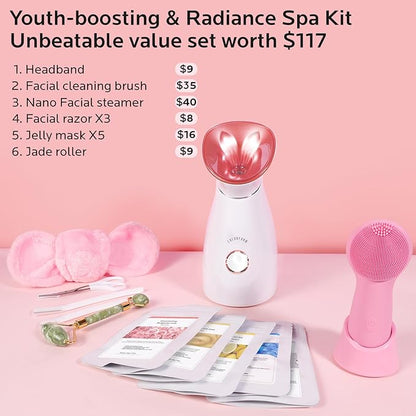 Colorfarm Facial Steamer Skin Care Set: Face Steamer Home Spa Kit Deep Cleaning Unclogs Pores with 5 Skin Care Tools - Spa Relaxing Self Care Gifts for Women (Youth-Boosting & Radiance Spa Kit)