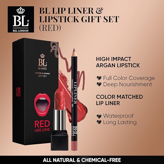 BL Color Matched Lip Liner & Lipstick Set (Red) - Full-Coverage Argan Long Lasting Lipstick and Lip Liner Set With Natural Oils for Nourishment, Hydration, & Protection - Chemical-Free