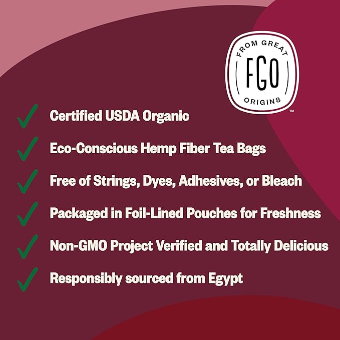 FGO Organic Hibiscus Herbal Tea, 20 Count, Eco-Conscious Tea Bags, Caffeine Free, Resealable Bag, Packaging May Vary (Pack of 1)