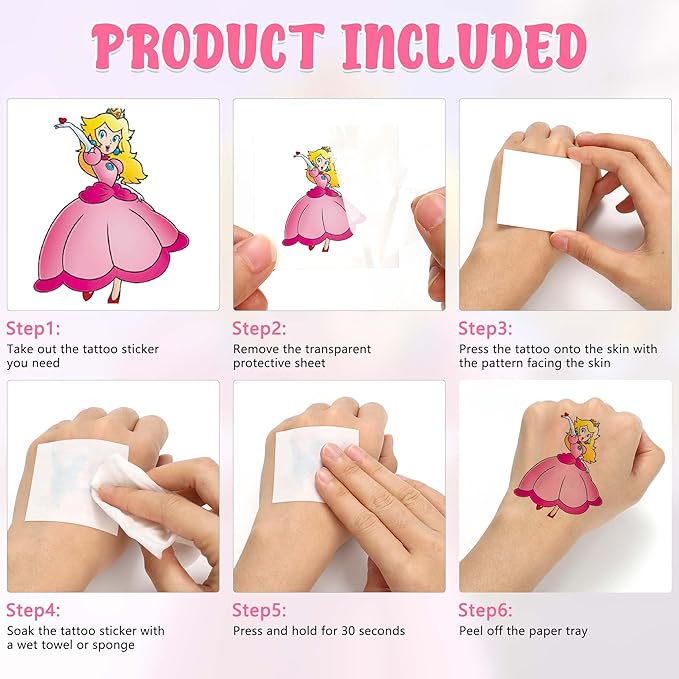 160PCS Peach Tattoo Sticker - Cartoon Princess Waterproof Girls