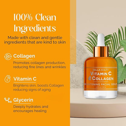 Bella Beauty Vitamin C Serum with Collagen - Dark Spot Reduction, Skin & Anti-Aging - Dermatologist Tested, Cruelty-Free Korean Skin Care for All Skin Types - 1.69 Fl. Oz