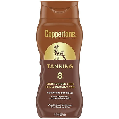 Coppertone Tanning Sunscreen Lotion, Water Resistant Body Sunscreen SPF 8, Broad Spectrum SPF 8 Sunscreen Pack, 8 Fl Oz Bottle, Pack of 2