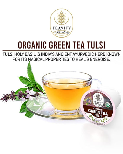 Organic Tulsi Tea Pods with Unsweetened Caffeinated Green Tea Pods for Keurig - Tulsi Green Tea by Teavity (24 Tea Pods)