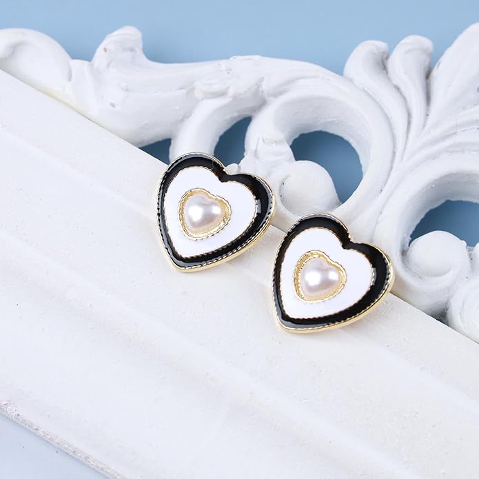 Vintage Pearl Heart Stud Earrings Enamel Heart Earrings