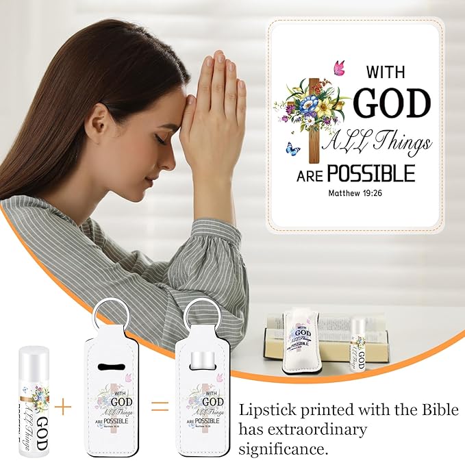 18 Sets Christian Inspiration Gift Lip Balm Bulk and Lipstick Holder Keychains Set Bible Verse Gift for Women Teacher Mom Church Favors(with God)