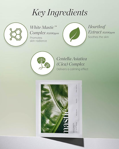 MASTINA White Mastic Face Mask (Heartleaf Calming, 4 pc) Premium Korean Skin Care for Soothing & Deep Moisturization. Sensitive Tired Skin White Mastic Cica Vegan Sheet Masks