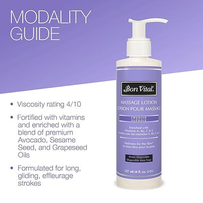 Bon Vital' Swedish Massage Lotion for Skin Tone Improvement, Dry Skin Repair, Increased Circulation, and Stress Relief, Great for Massage Therapists Who Perform Swedish and Sports Massages, 8 Oz
