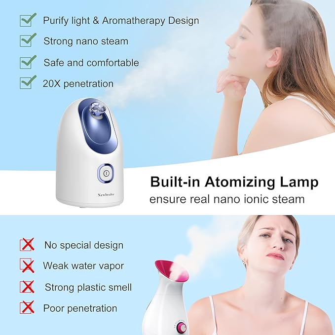 Newbealer Facial Steamer, Mini Aroma Face Steamer, Nano Ionic Hot Mist Face Humidifier for Facial Deep Cleaning, Home Sauna Spa Sprayer with 9 Pieces Acne Remover Kit (Blue, 160 ml)
