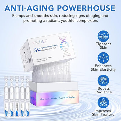 Hyaluronic Acid Serum for Face - 3% Pure Hyaluronic Acid, Hydrating Face Serum for Women & Men, Anti-Aging Skin Care for Hydration & Glow (1.2 ML x 30 PCS)
