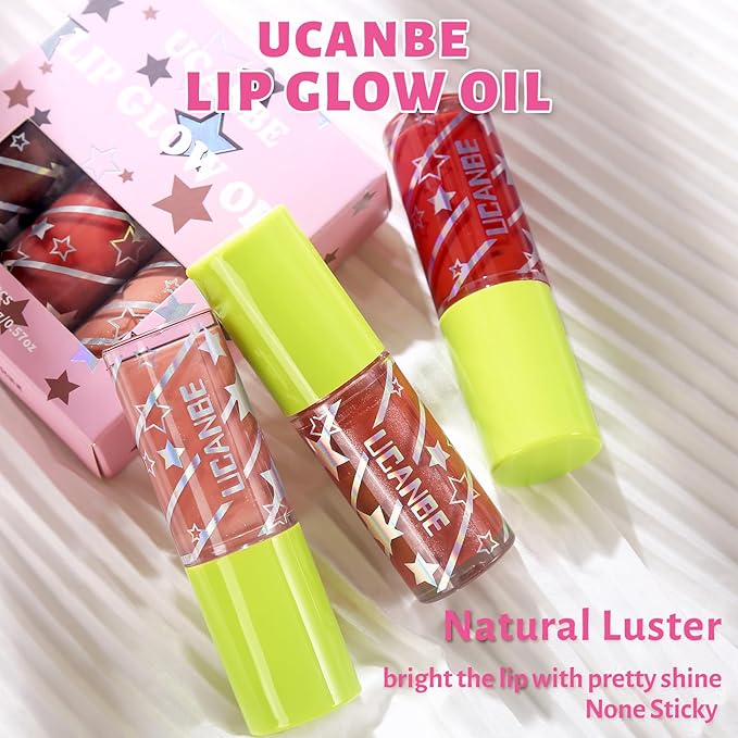 UCANBE 3 Color Hydrating Lip Glow Oil - Shimmering Warm Nude Tinted Lip Gloss (Rosewood/Nude/Strawberry),Non-Sticky Mositurizing Lip Top Gloss for All-Day Wear and Comfort