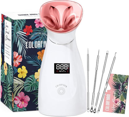 Colorfarm Facial Steamer Nano Ionic: Smart Face Steamer Deep Cleaning Unclogs Pores - Humidifier Hot Mist Home Sauna Spa for Women Men with LCD Display Steam Timer