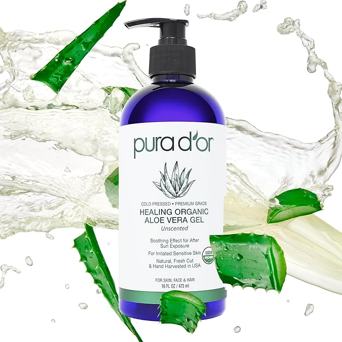 PURA D'OR 16 Oz ORGANIC Aloe Vera Gel - Unscented - All Natural - ZERO Artificial Preservatives - Deeply Hydrating & Moisturizing - Sunburn, Bug Bites, Rashes, Small Cuts, Eczema Relief - Skin & Hair
