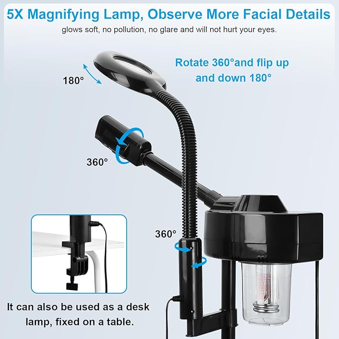 2 in 1 Facial Steamer Professional Ionic Face Steamer with 5X Magnifying Lamp&Adjustable Hot Mist Nozzle, Esthetician Facial Steamer Salon Spa Beauty Skin Care Equipment