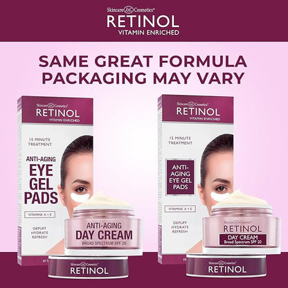 Retinol Anti-Aging Day Cream Broad Spectrum SPF 20 Moisturizes & Reduces Look of Fine Lines Anti-Aging Eye Gel Pads – Soothing Vitamin A Reduces Puffiness & Refreshes the Under Eye Area.