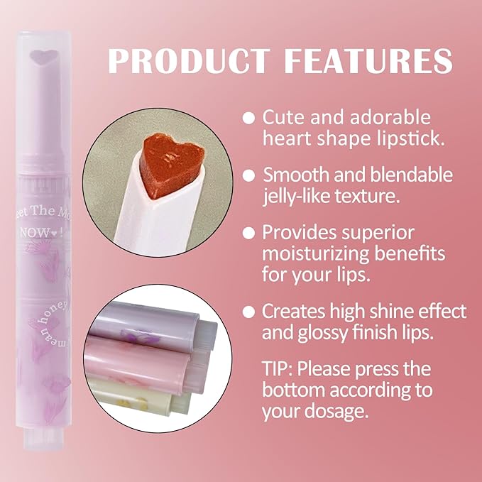 Jelly Lipstick, Tinted Lip Gloss Heart Shape Lip Glaze, Moisturizing and Hydrating Glossy Lip Gloss Lip Balm, High-shine Finish Lip Makeup Lip Pen for Nourished, Fuller-looking Lips (#05)