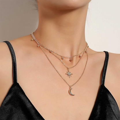 Bohemia Layered Star Choker Necklace Crescent Moon Pendant