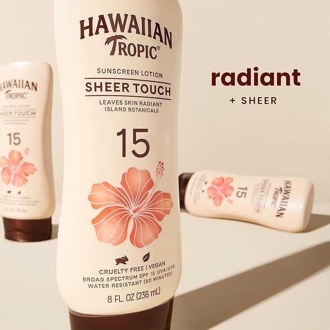 Hawaiian Tropic Sheer Touch Ultra Radiance Lotion Sunscreen SPF 15, 8oz | Hawaiian Tropic Sunscreen SPF 15, Sunblock, Broad Spectrum Sunscreen, Oxybenzone Free Sunscreen, Body Sunscreen, 8oz