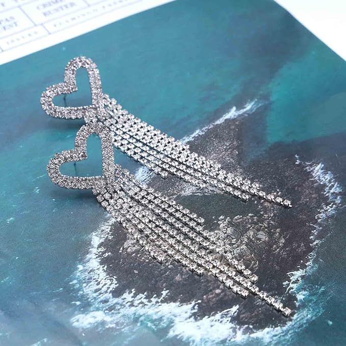 Boho Rhinestone Heart Tassel Earrings Long Tassel Chain