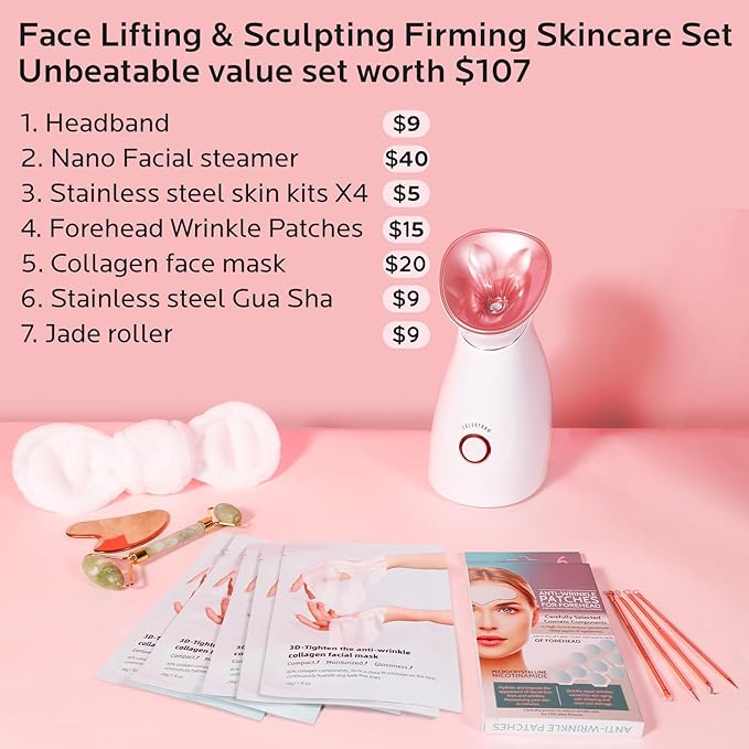 Colorfarm Facial Steamer Skin Care Kit: Face Steamer Home Spa Deep Cleaning Unclogs Pores with 6 Skin Care Tools - Relaxing Self Care Gifts for Women (Face Lifting & Sculpting Firming Skincare Set)