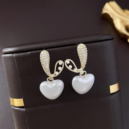 Vintage Crystal Pearl Heart Dangle Earrings Rhinestone Pearl