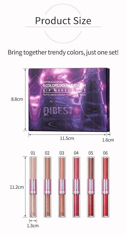 Double Head Lip Gloss Non Fading Lip Glaze Matte Mist Pearlescent Liquid Lipstick, 6-color suit