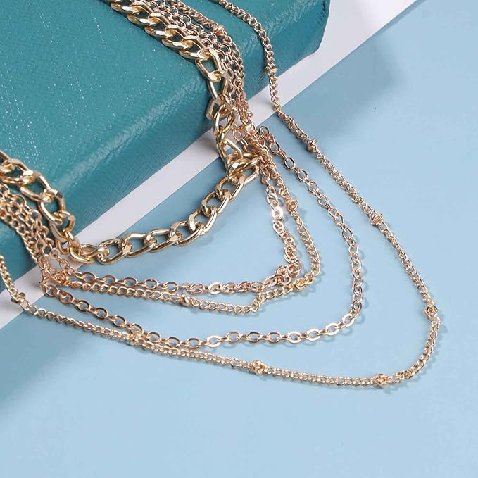 Punk Layered Curb Chain Necklace Gold Satellite Chain
