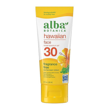 Alba Botanica Sunscreen for Face, Fragrance-Free Hawaiian Face Sunscreen Lotion, Broad Spectrum SPF 30, Water Resistant and Biodegradable, 3 fl. oz. Bottle
