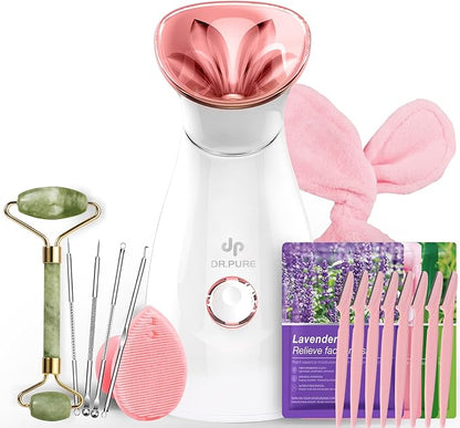Facial Steamer Self-Care Gift Kit: Nano Ionic Face Steamer Deep Cleaning Unclogs Pores - Humidifier Hot Mist Spa Gifts for Women with 17 Skin Care Tools (Basic Glow Essentials)
