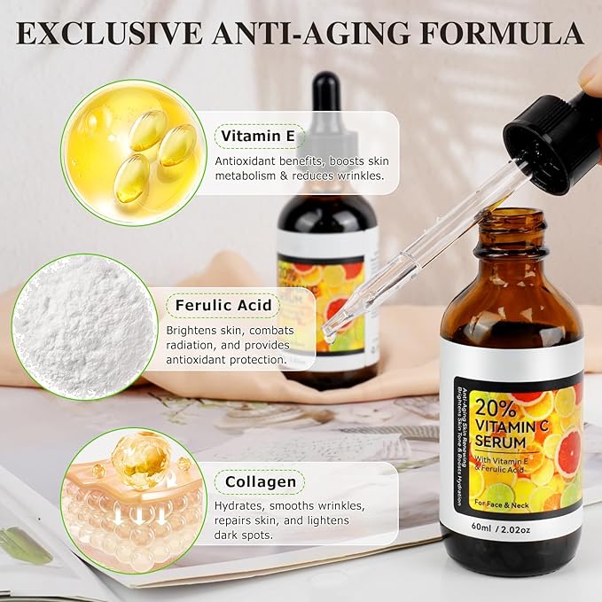 2Pack Vitamin C Serum for Face - Anti Aging Facial Serum with Vitamin C, Hyaluronic Acid, Vitamin E, Promotes Collagen Synthesis, Reduces Dark Spots And Wrinkles, 4.04 Fl Oz