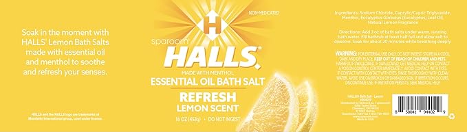 Halls Refresh Menthol with 100% Pure Essential Oils Aromatherapy Bath Salts, 16 oz, Eucalyptus, Menthol and Lemon Scent