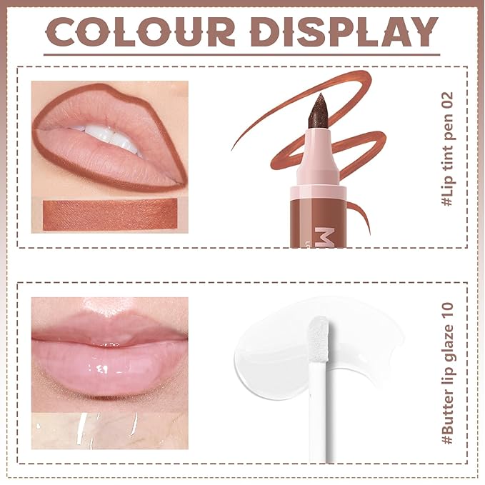 Lip Liner Marker Pen, Lip Stain Liquid Lip Liner Pencil Kit, Waterproof and Long Lasting Nude Lip Liner and Lip Gloss Combo, Non-Stick Cup Nourishing Clear Lip Butter Gloss Set Makeup