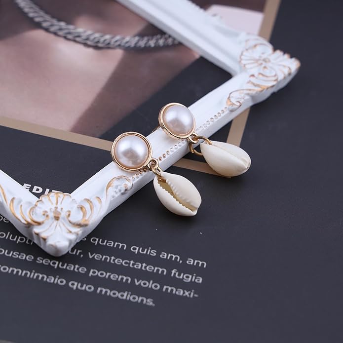 Vintage Pearl Shell Drop Earrings Gold