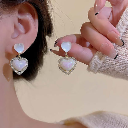 Vintage Rhinestone Heart Drop Earrings Opal