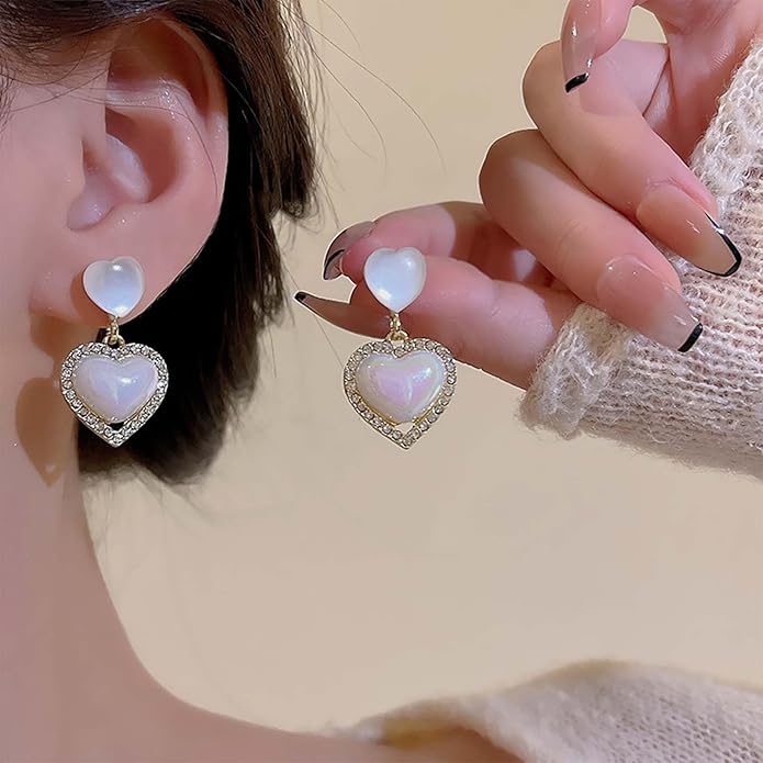 Vintage Rhinestone Heart Drop Earrings Opal