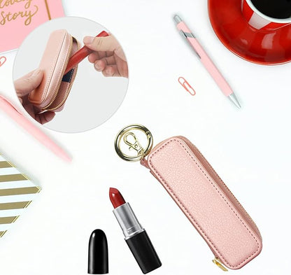 Bocasal Leather Lipstick Case Holder Chapstick Keychain Pouch, Zipper Lip Balm Lip Gloss Bag for Purse with Elastic Band, Makeup Travel Organizer, Cosmetic Storage Kit for Women Girls (Rose Gold)