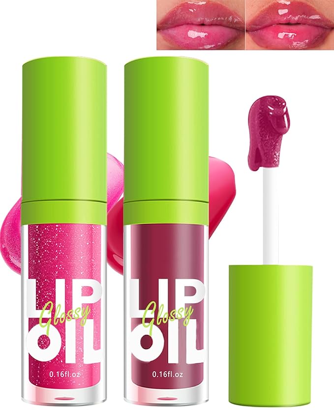 Fat Oil Lip Gloss-2Pcs Hydrating Lip Glow Oil Lipgloss, Tinted Clear Plumping lip Gloss, Shimmer Pink Lip Stain Oil, Big Brush Head Lip Glaze, Long Lasting Non-sticky Vegan Makeup Gift for Women-3+4