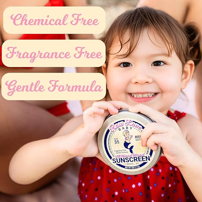 Raw Love Baby Sunscreen 0-6 Months & Up | Babies, Infant, Toddler, Kids Natural Mineral Sunscreen | Sensitive Skin, Fragrance Free Zinc Oxide SPF 35+ | No Chemicals, Reef Safe, Water Resistant | 4 Oz