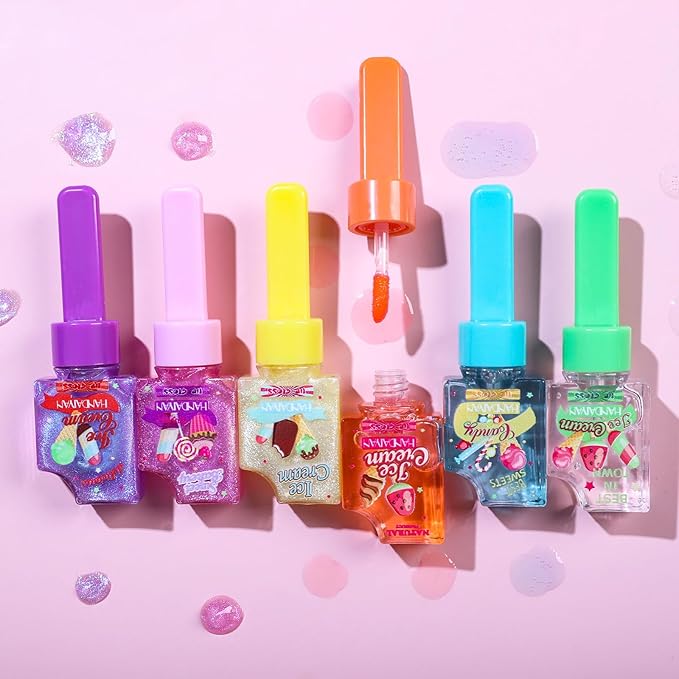 Girl's 6pc Fruity Flavored Lip Gloss Set, Long Girl's
