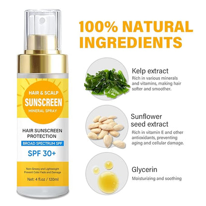 Scalp Sunscreen Spray, Hair Sunscreen Spray SPF 30 for Color Fade & Dryness, Prevent Harmful UV Rays, Scalp Not Greasy & More Comfortable, 120ML