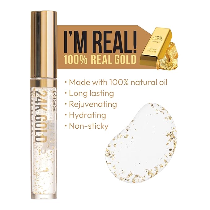 Kiss New York 3 PACK Lip Oil Gloss, Hydrating Non-Sticky Lip Oil, 100% Natural Oil Clear Lip Gloss, Lightweight Lip Moisturizer (Gold & Honey & Coconut)