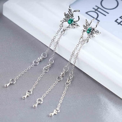 Vintage Emerald Butterfly Earrings Silver Chain Tassel Drop