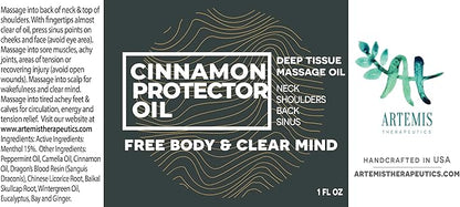 Massage Oil for Neck Massage, Muscles, Cupping, and Massage Tools. Aromatherapy Essential Oils and Herbal Extracts Cinnamon Protector Oil by Artemis Therapeutics