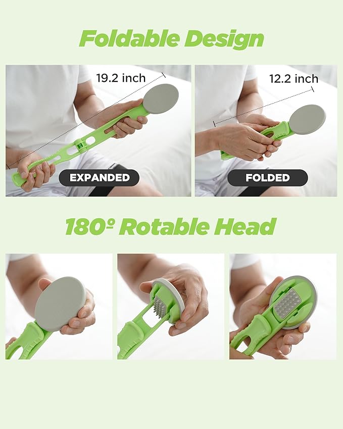 Body Oil Applicator (2nd gen) - 19" Foldable Long Curved Handle, with Replaceable Brush Head, Spill Prevention Non-Toxic Washable Foam Pad – Perfect for Tanning and Body Oils, Includes 2 Pads