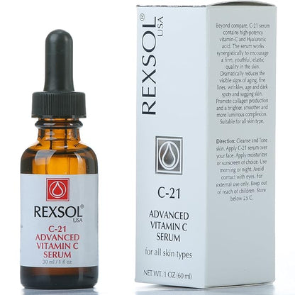 REXSOL 21% ADVANCED VITAMIN C SERUM | ORGANIC VITAMIN C SERUM FOR FACE | NATURAL VITAMIN C SERUM & DARK SPOT CORRECTOR FOR FACE. (30 ml / 1 fl oz)
