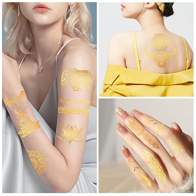 Konsait 9 Sheets Metallic Tattoos, Elaborate Floral Elephant Festival Accessories