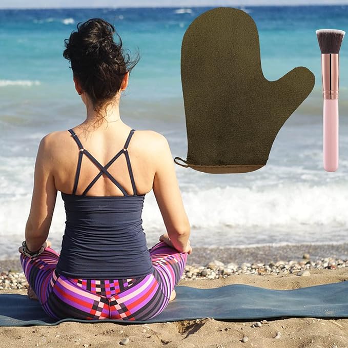 2 Pack Self Tanning Mitt Applicator Kit Set, Self Tanning Glove and Self Tanner Flat Top Brush, Tan Applicator for Sunless Self Tan (Bronze)