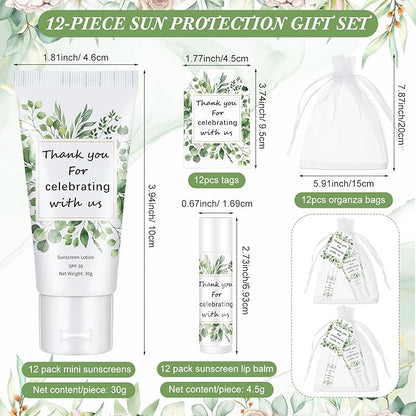12 Sets Thank You Gifts Mini Sunscreen and Sunscreen Lip Balms Travel Size Thank You Gifts for Weddings Baby Shower Favors Supplies(Wedding Eucalyptus)