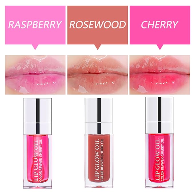 Plumping Lip Oil(3 Pcs), Hydrating Lip Gloss Tinted Lip Balm Transparent Lip Care, Big Brush Head Glitter Shine, Long Lasting Nourishing Non-sticky Fresh Texture, Cherry+Rosewood+Raspberry