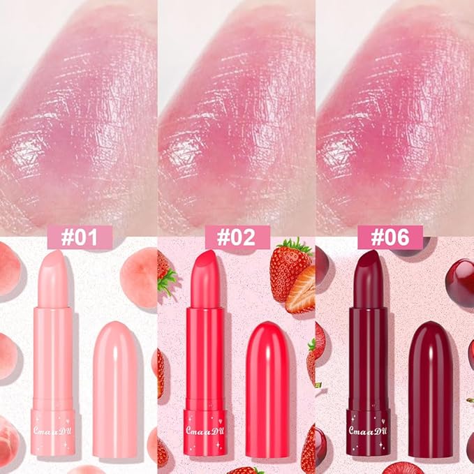 evpct 3Pcs Peach Black Red Cherry Strawberry Tinted Lip Balms PH Lip Color Changing Lipstick Stain Set Queen for Women Girls Korean Mood Long Lasting Color Change Light Pink Lipstick Lip Tint Gloss