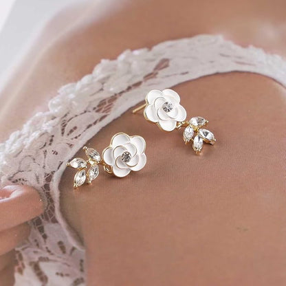 Vintage Crystal Flower Earrings Rhinestone Leaf